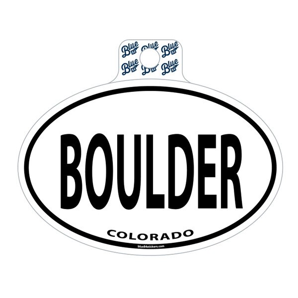 White oval sticker with "Boulder" in black block letters in the center with a black border and "Colorado" written underneath.